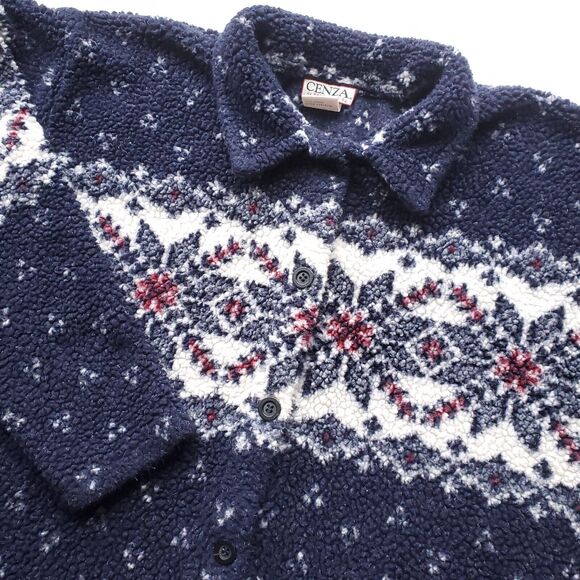 Vintage Cenza by Palmettos Fair Isle Fleece Shirt L Blue Button Sherpa Jacket - Picture 1 of 16